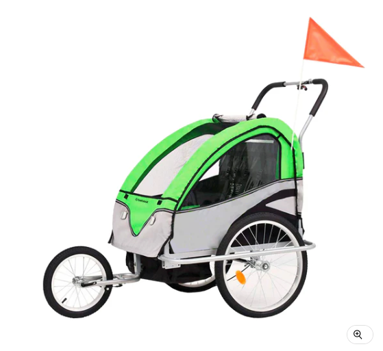 Carro arrastre trailer para bicicletas 2 niños BeRide Verde